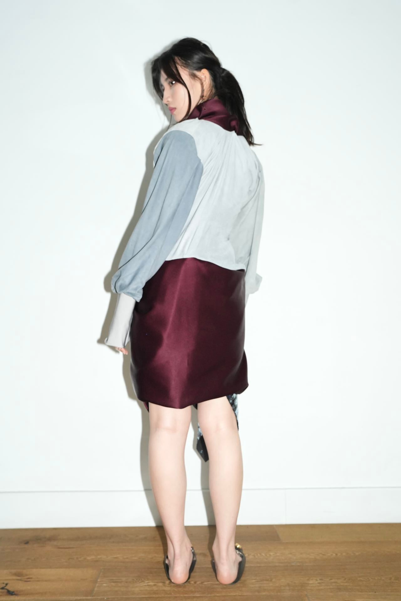 PE99Y YAN9 Sky Blue and Grey Suede Wine Silk Coat Jacket