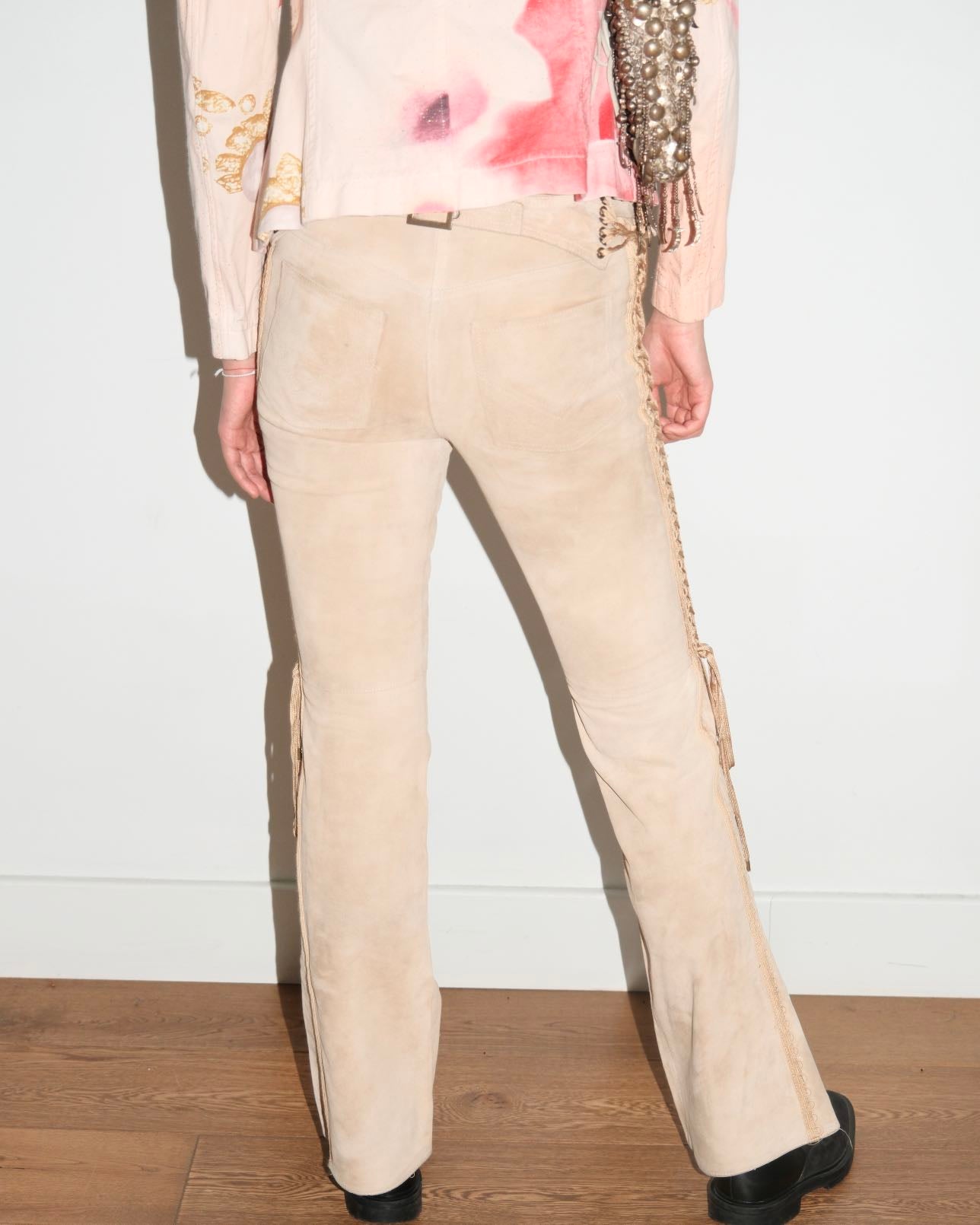 Christian Dior by John Galliano Runway Punk Bandage Gold Logo Plate Beige Suede Flare Trouser