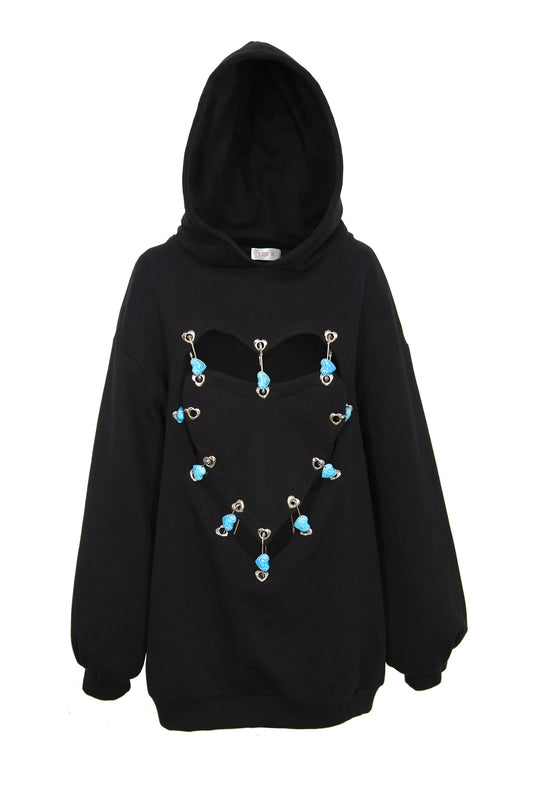 YUE QIQI SAFETY PINS HEART SHAPE HOODIE(BLACK)