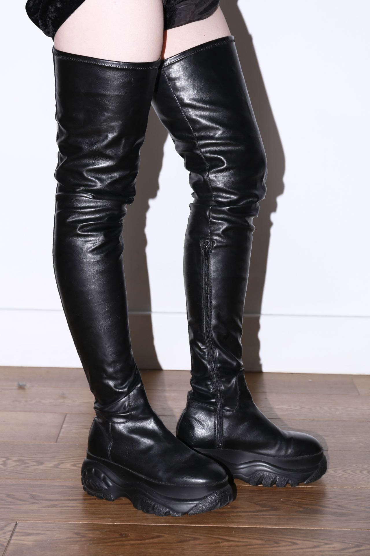 032C X Buffalo Over Knee Black Soft Leather Platform Boots