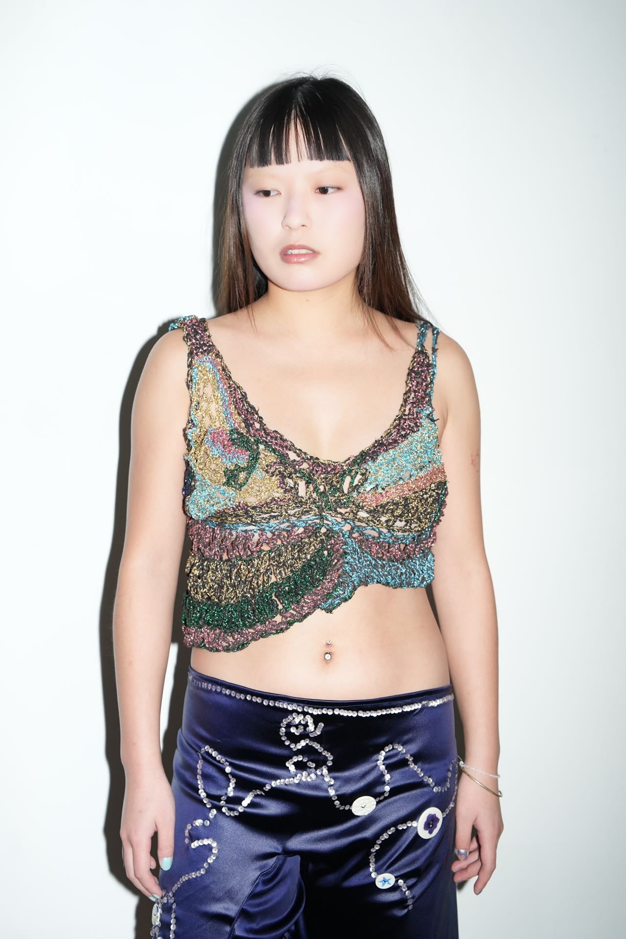 PE99Y YAN9 Crochet Knitted Metallic Buterfly Illusion Crop Top