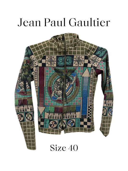 Jean Paul Gaultier Y2K Iconic 90s Television Print Runway Cotton Jersey Hood Jacket