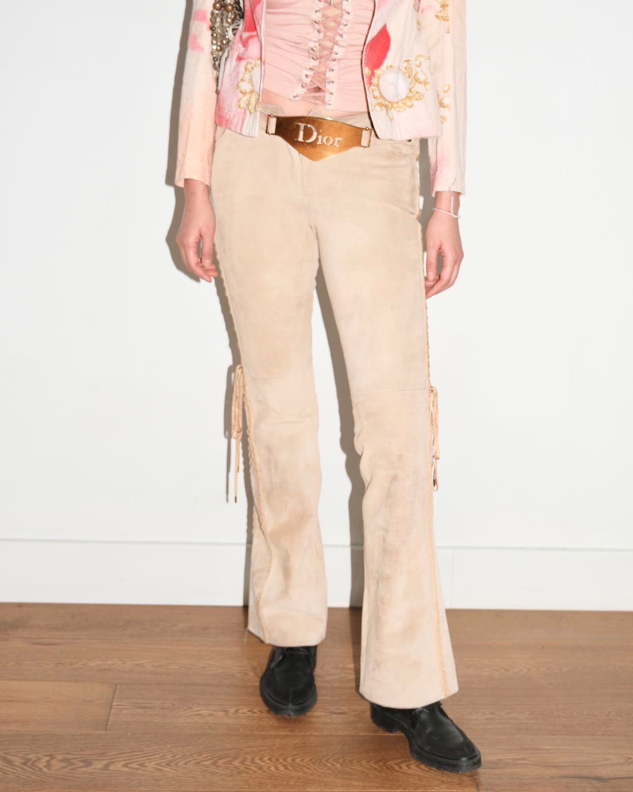 Christian Dior by John Galliano Runway Punk Bandage Gold Logo Plate Beige Suede Flare Trouser