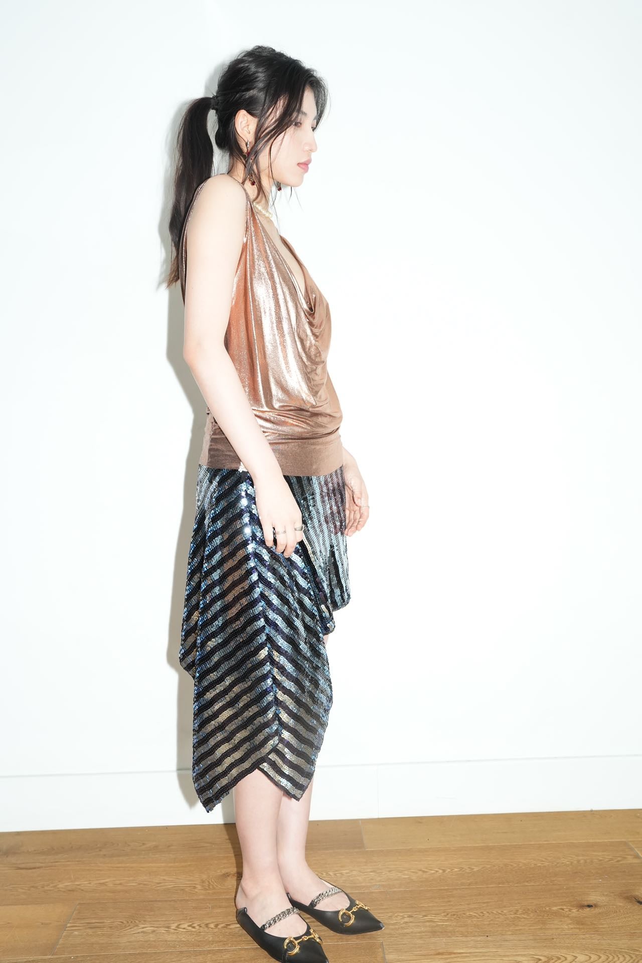 PE99Y YAN9 Metallic Bronze Silk Draping Jersey Tank Top