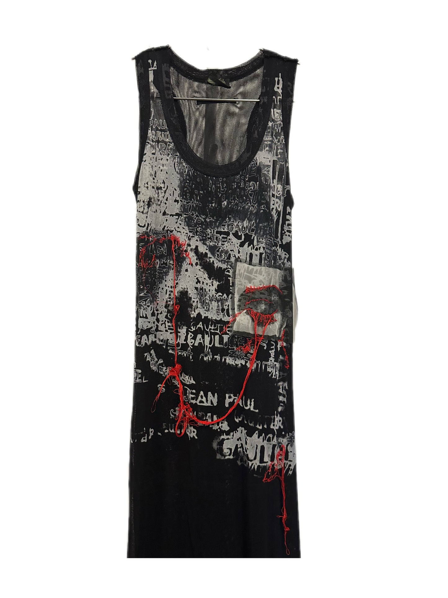 Jean Paul Gaultier Y2K Gothic Punk Black and Red Portrait Letters Print Maxi Mesh Dress