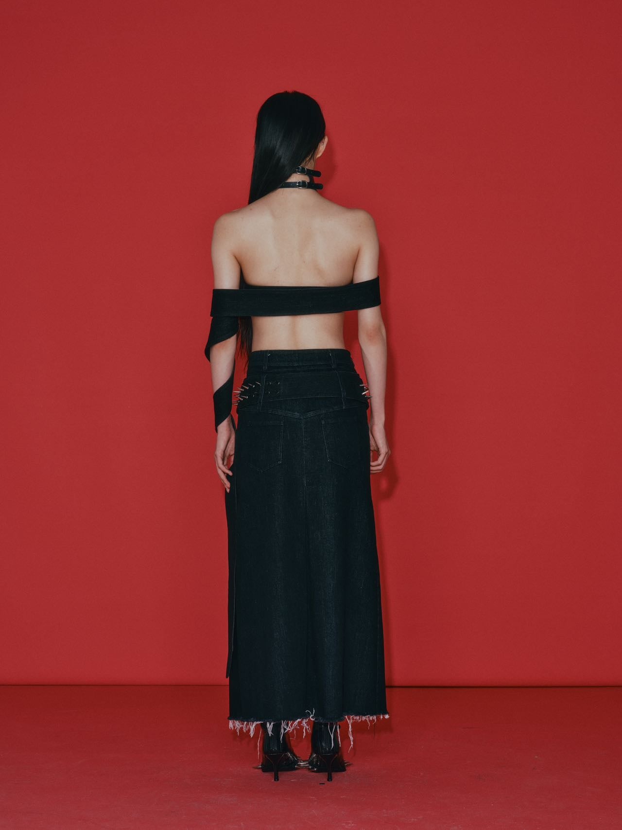 OVER RANGE Black Punk Maxi Denim Skirt