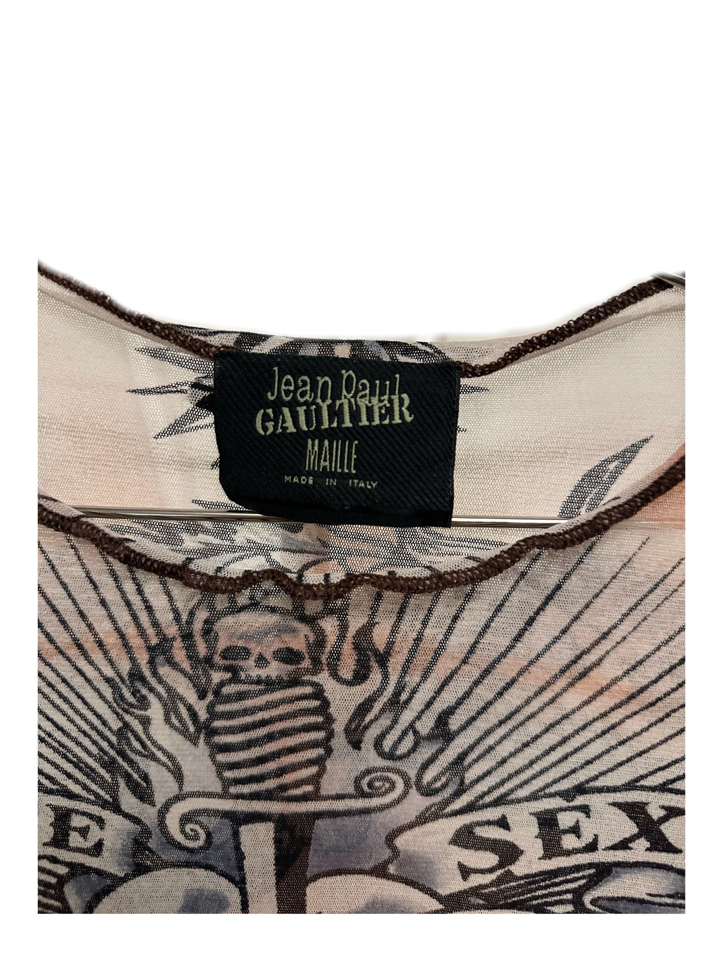 Jean Paul Gaultier Y2K Iconic Dragon Tattoo 'Safe Sex Forever' Mesh Top T-shirt