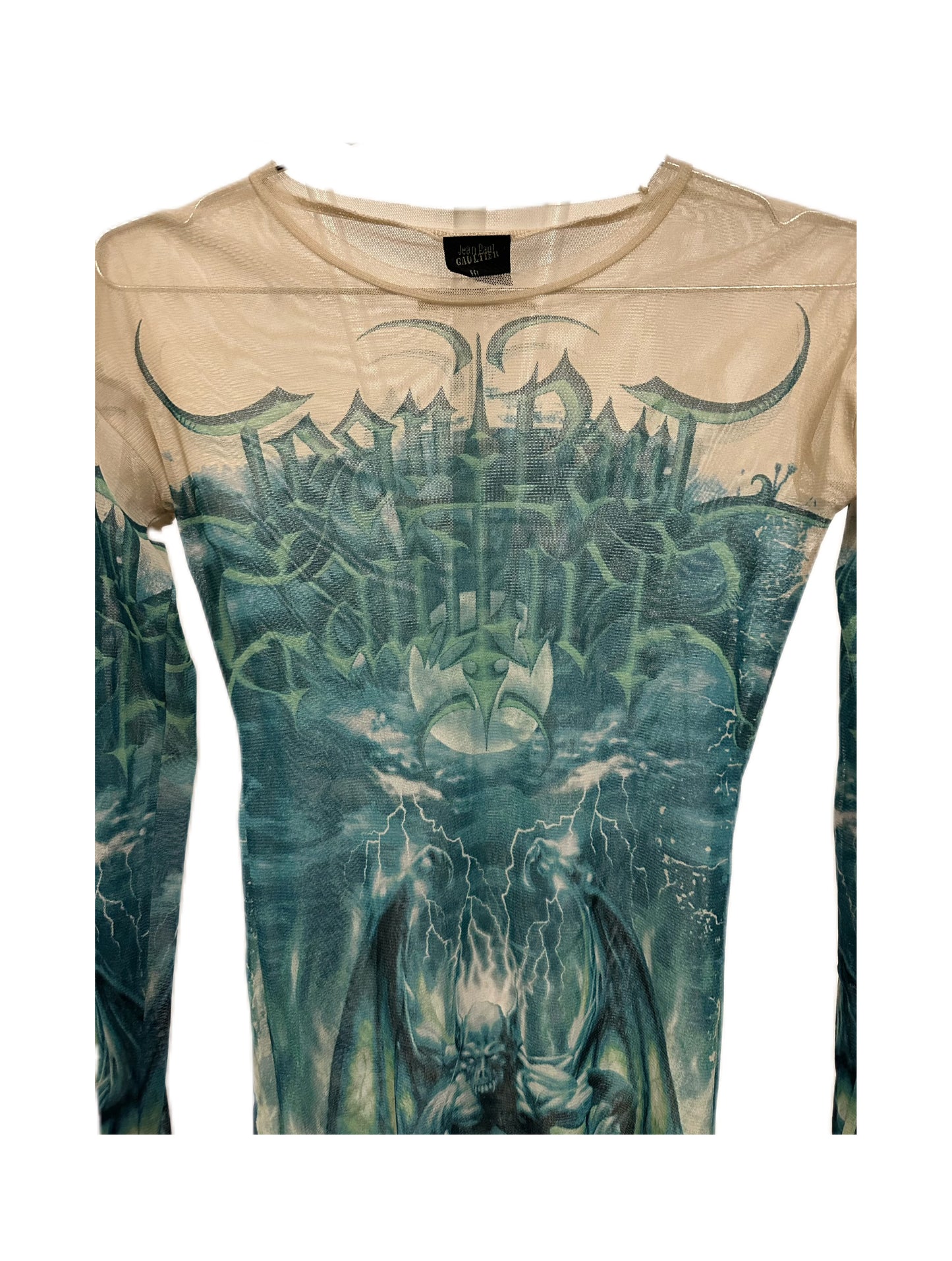 Jean Paul Gaultier Y2K Green Satan Print Mesh Top