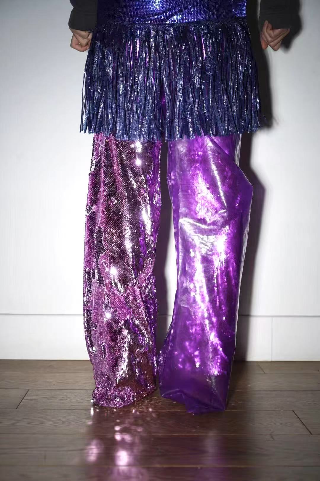 PE99Y YAN9 Asymmetrical Double Layered PVC Sequinned Trousers