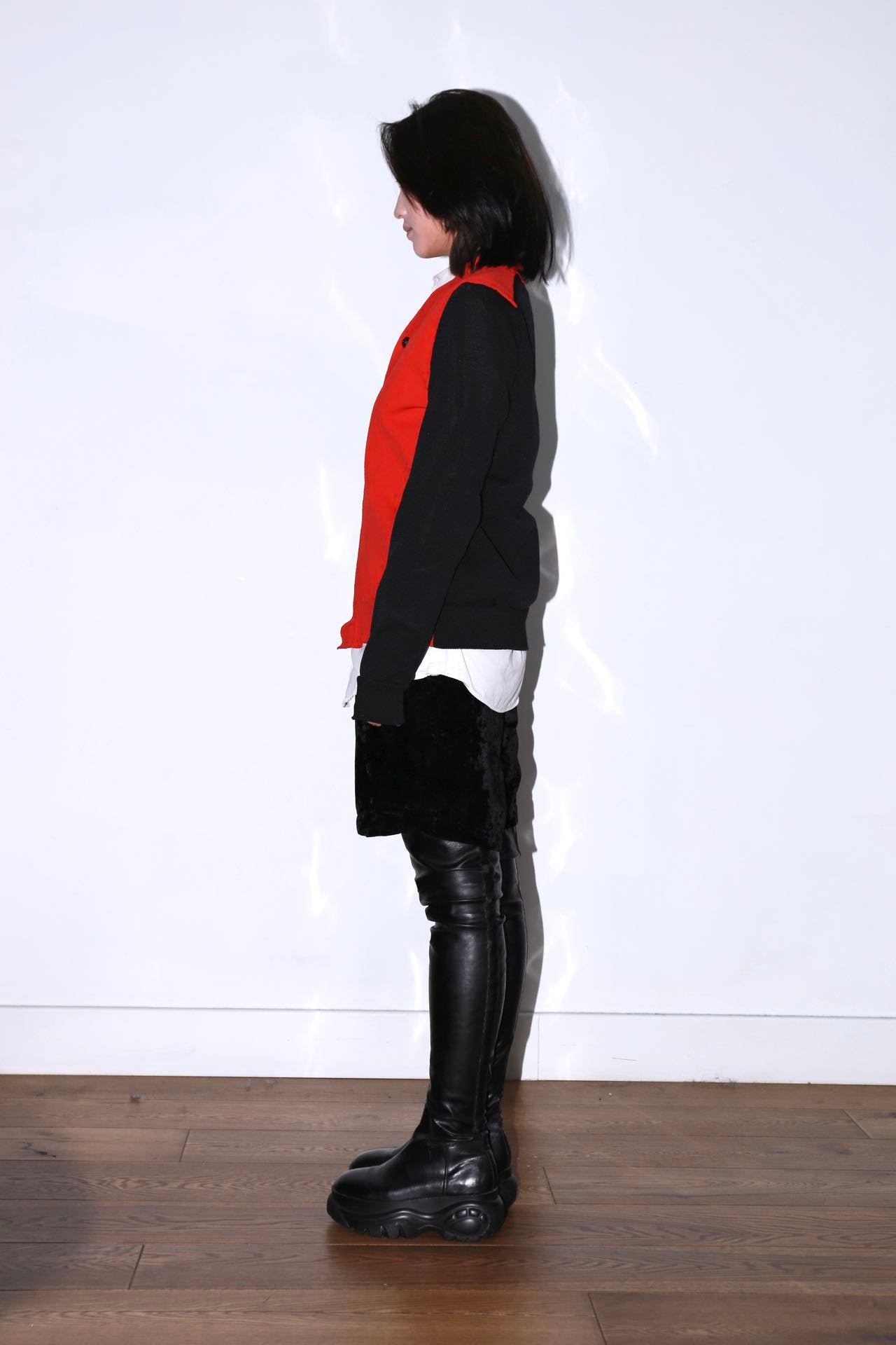 Comme Des Garcons Red and Black Asymmetrical Cardigan