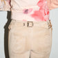 Christian Dior by John Galliano Runway Punk Bandage Gold Logo Plate Beige Suede Flare Trouser