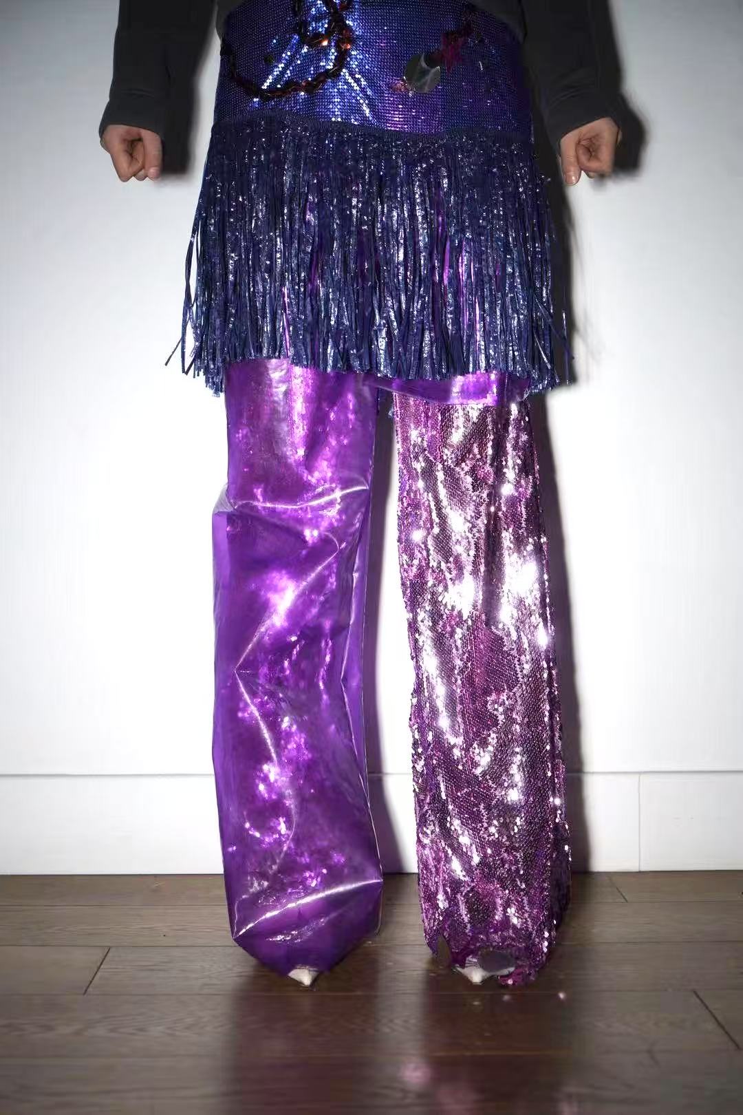 PE99Y YAN9 Asymmetrical Double Layered PVC Sequinned Trousers