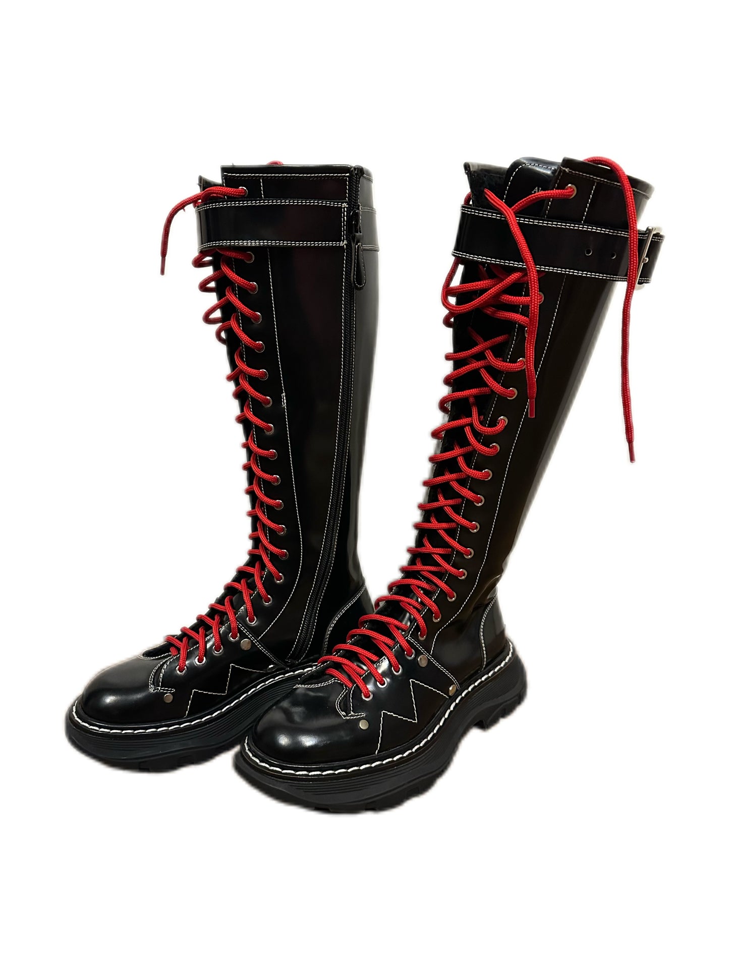 Alexander McQueen Women's Tread Slick Knee-high Boot in Black/Red