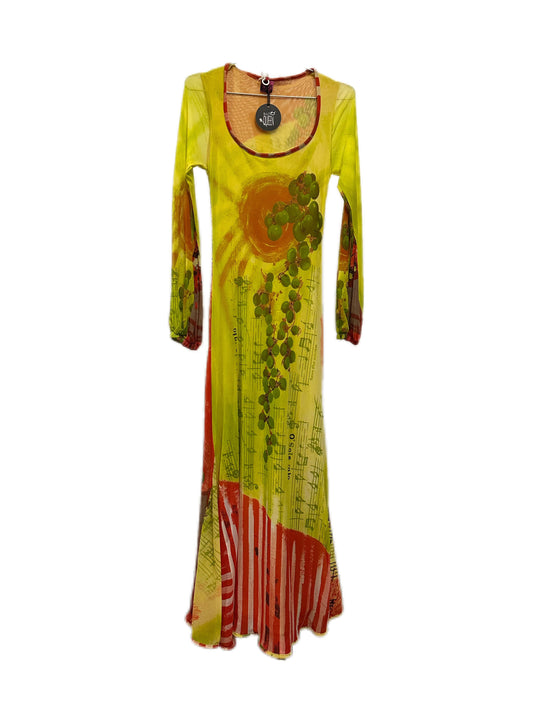 Save The Queen Exotic Print Yellow Mesh Maxi Dress