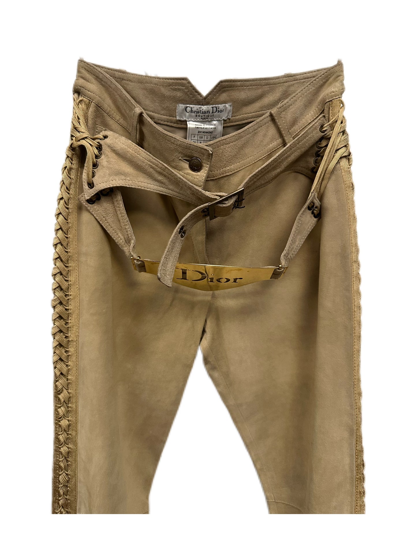 Christian Dior by John Galliano Runway Punk Bandage Gold Logo Plate Beige Suede Flare Trouser