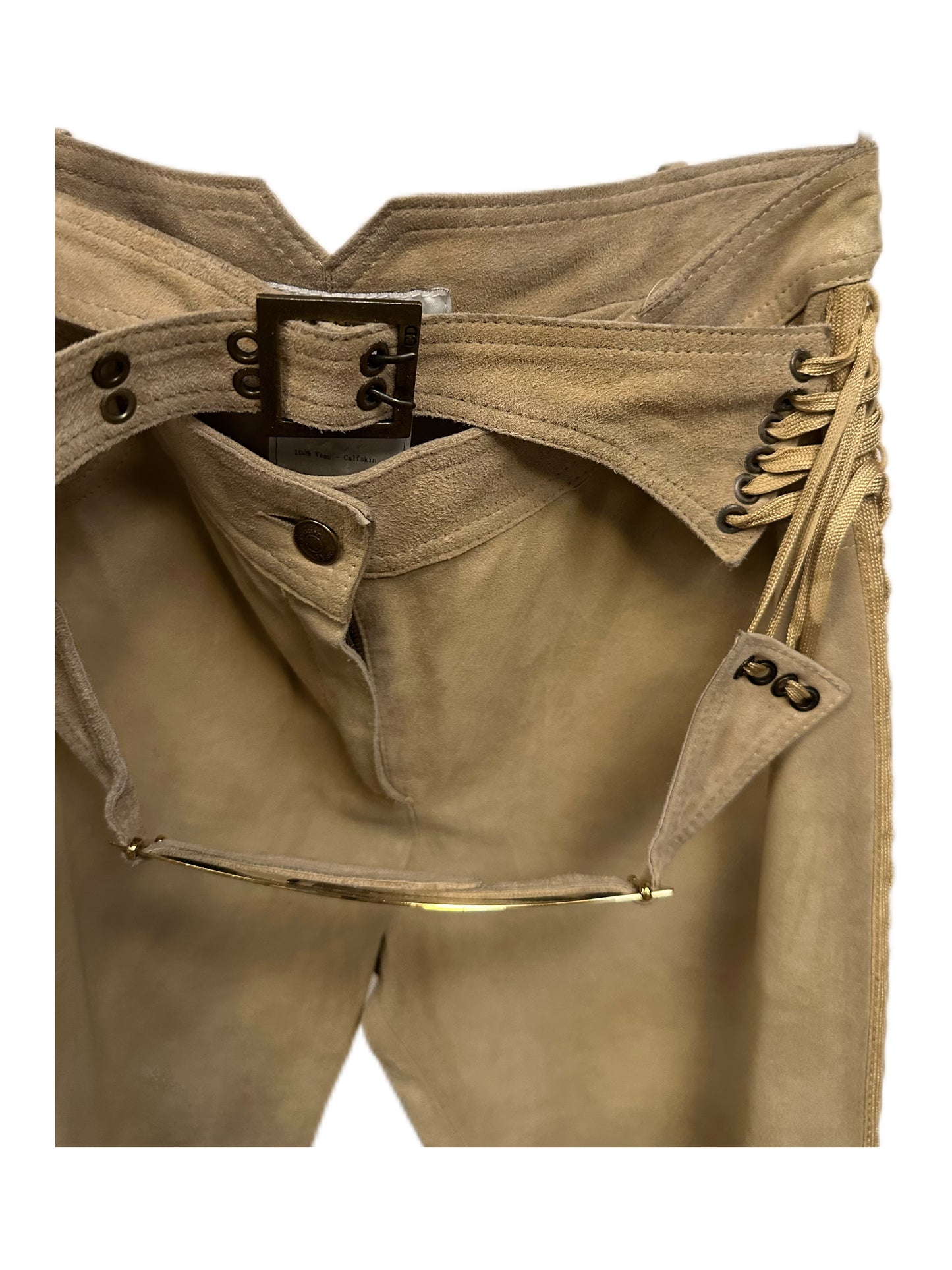 Christian Dior by John Galliano Runway Punk Bandage Gold Logo Plate Beige Suede Flare Trouser