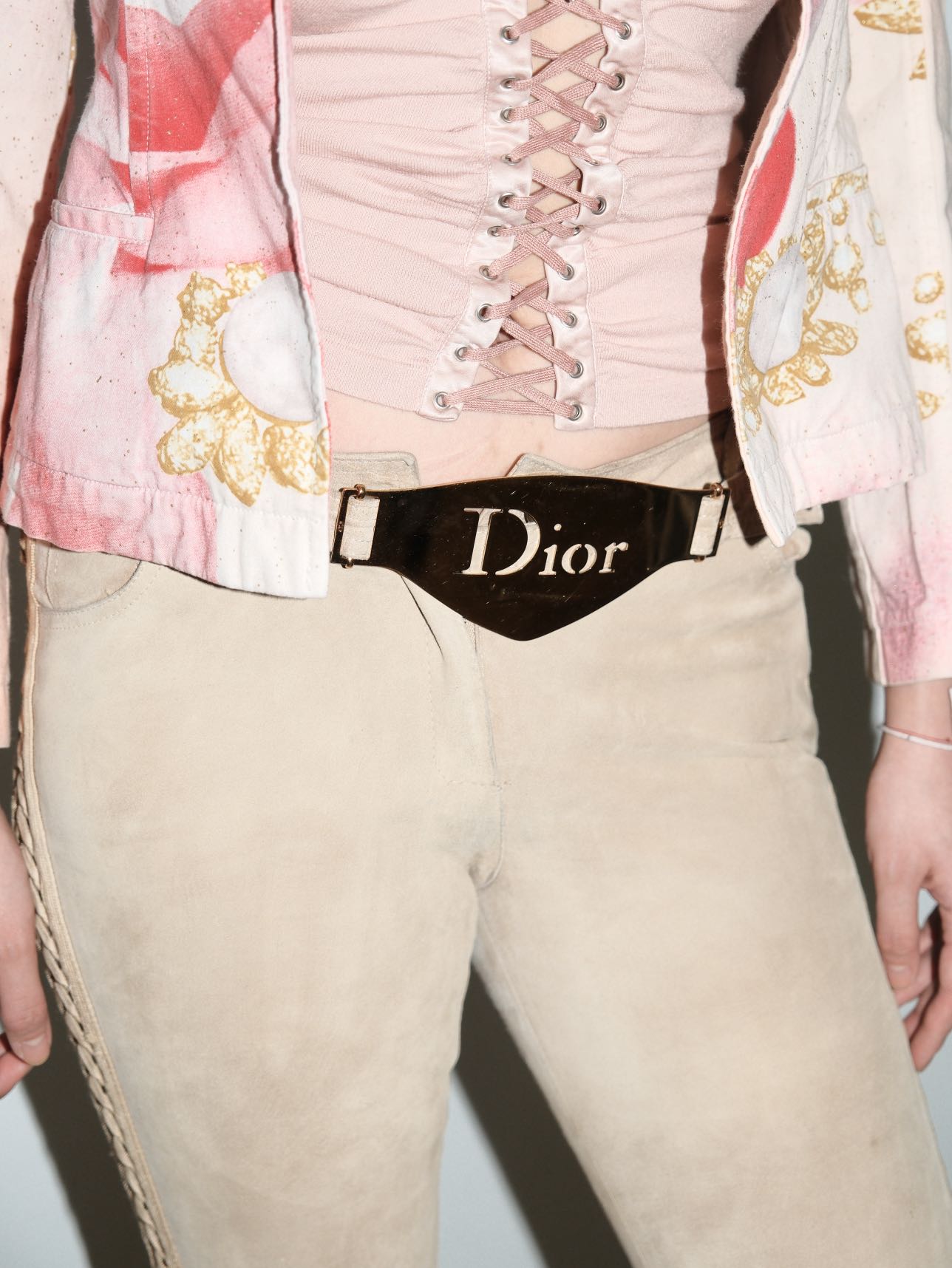 Christian Dior by John Galliano Runway Punk Bandage Gold Logo Plate Beige Suede Flare Trouser