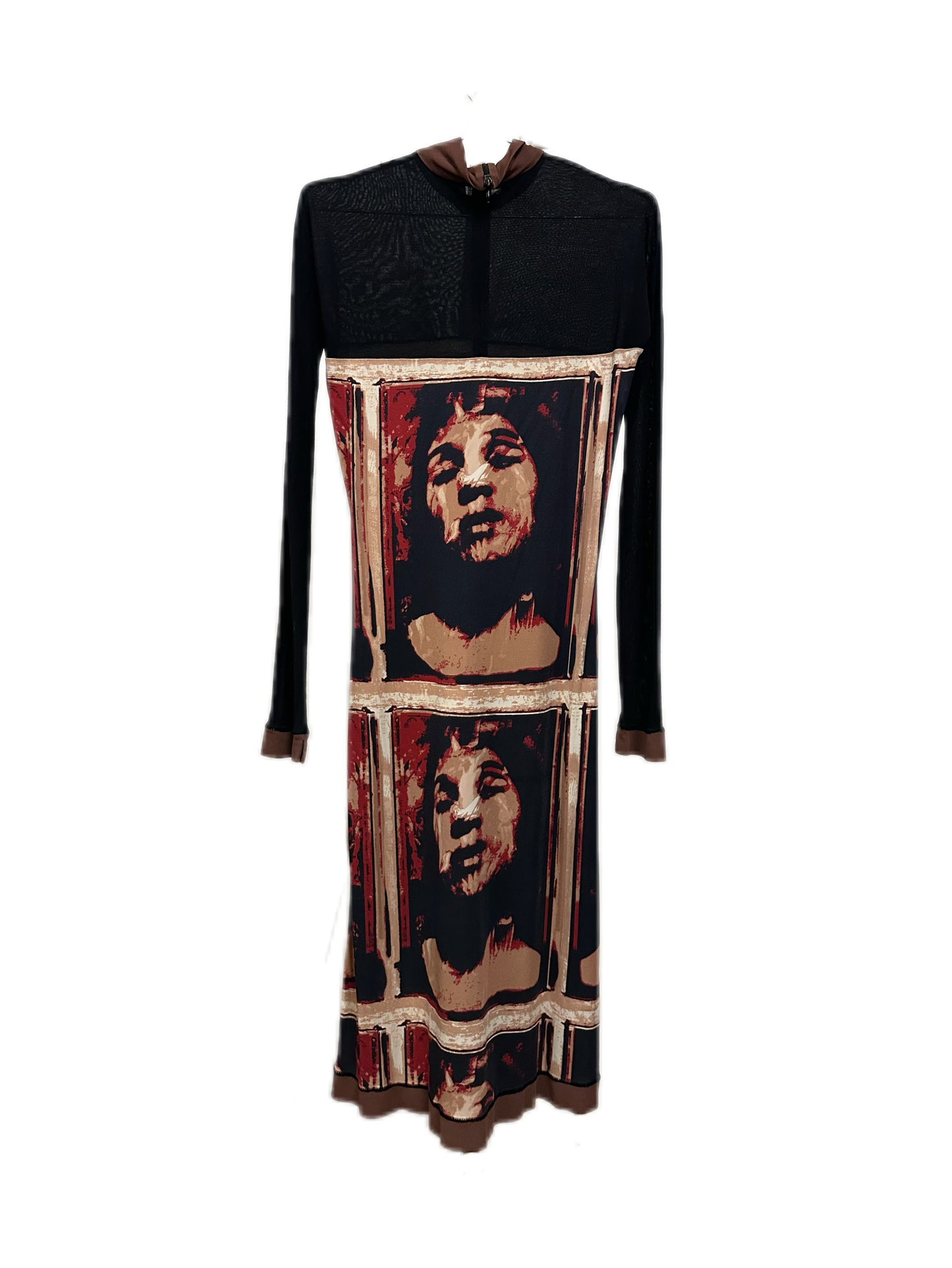 Jean Paul Gaultier Human Face Portrait Print 90s Runway Black and Burgundy Maxi Dress