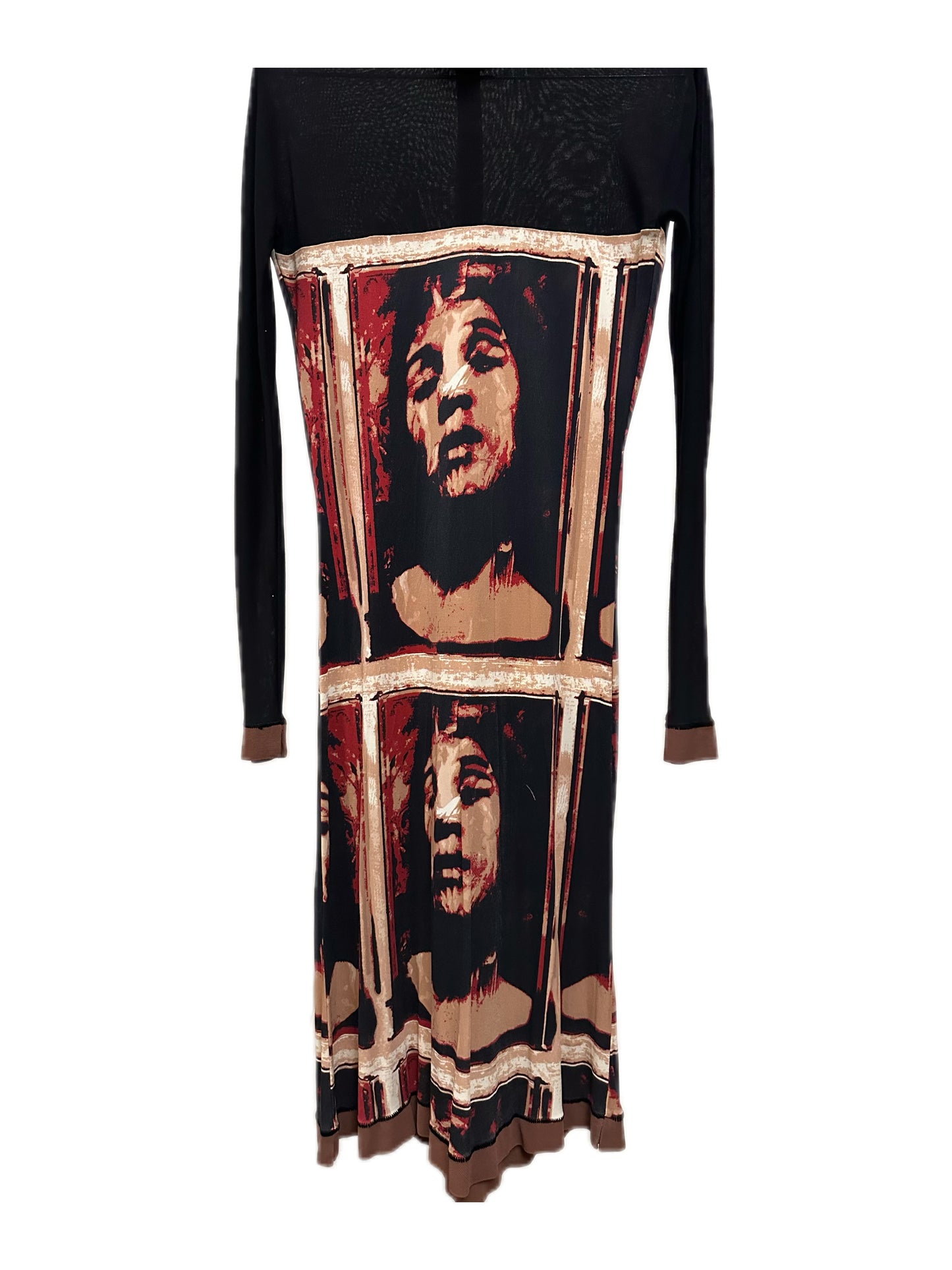 Jean Paul Gaultier Human Face Portrait Print 90s Runway Black and Burgundy Maxi Dress