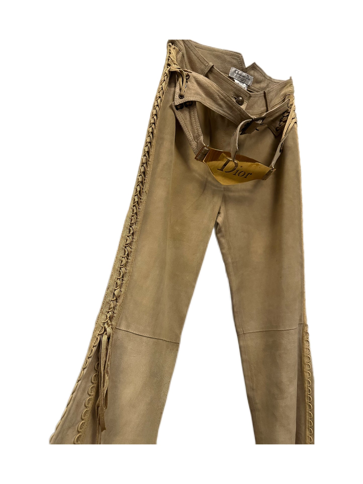 Christian Dior by John Galliano Runway Punk Bandage Gold Logo Plate Beige Suede Flare Trouser