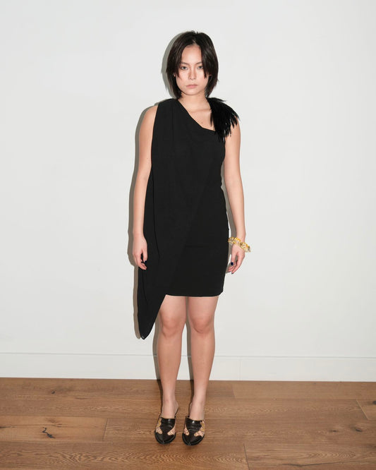 Helmut Lang Black Feather Draped Shoulder Dress