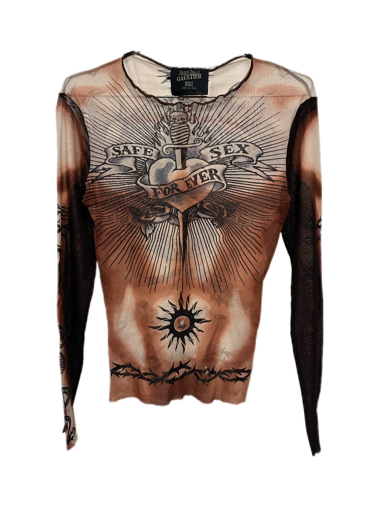 Jean Paul Gaultier Y2K Iconic Dragon Tattoo 'Safe Sex Forever' Mesh Top T-shirt