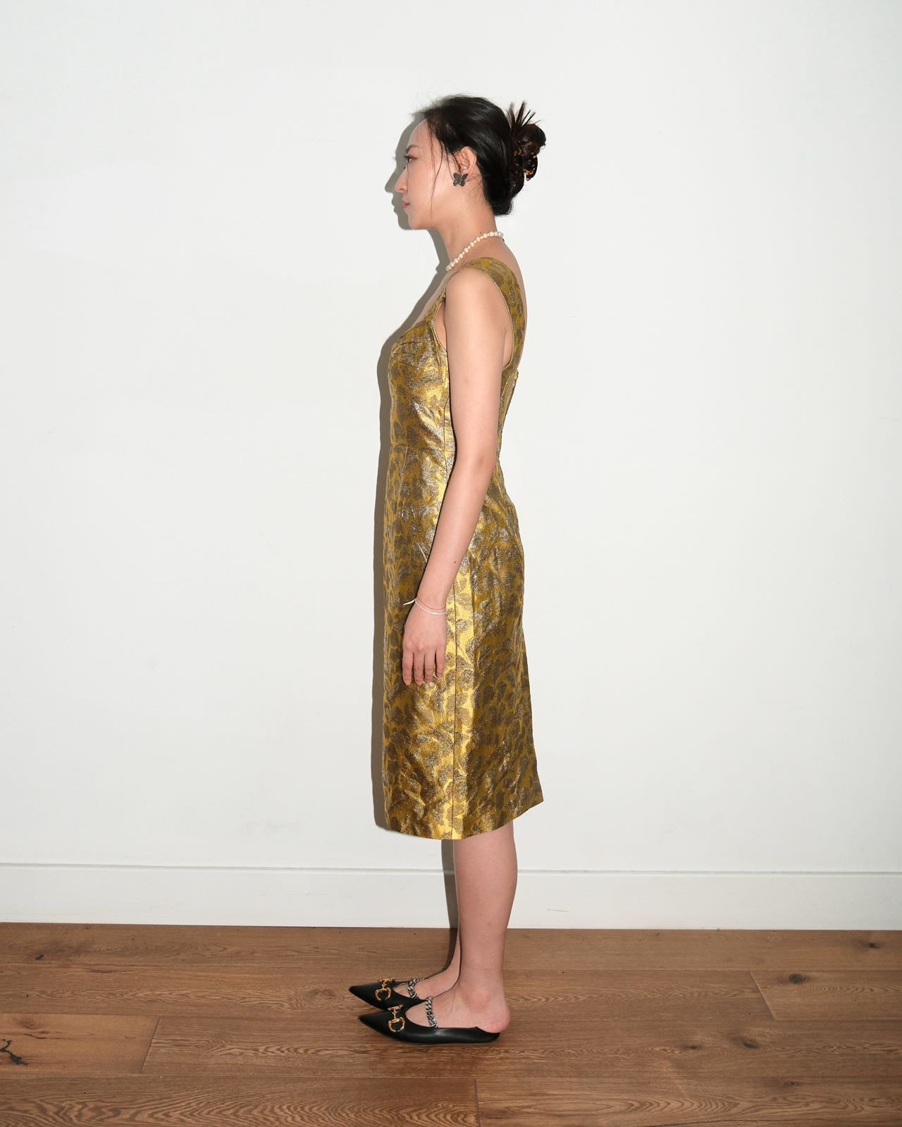 Prada Gold Pettern Luxury Textile Elegant A-Line Dress