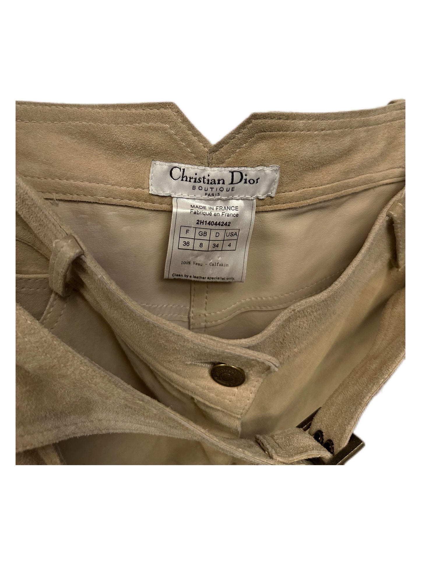 Christian Dior by John Galliano Runway Punk Bandage Gold Logo Plate Beige Suede Flare Trouser