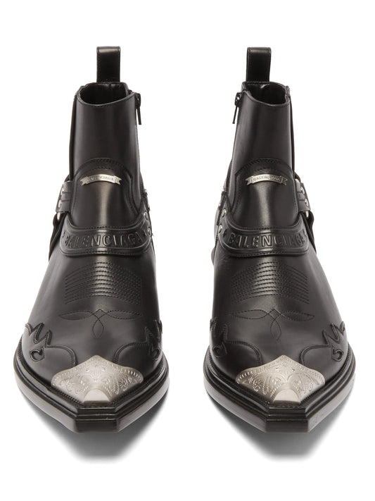 Balenciaga Black Pointy Metal Heads Western Ankle Boots