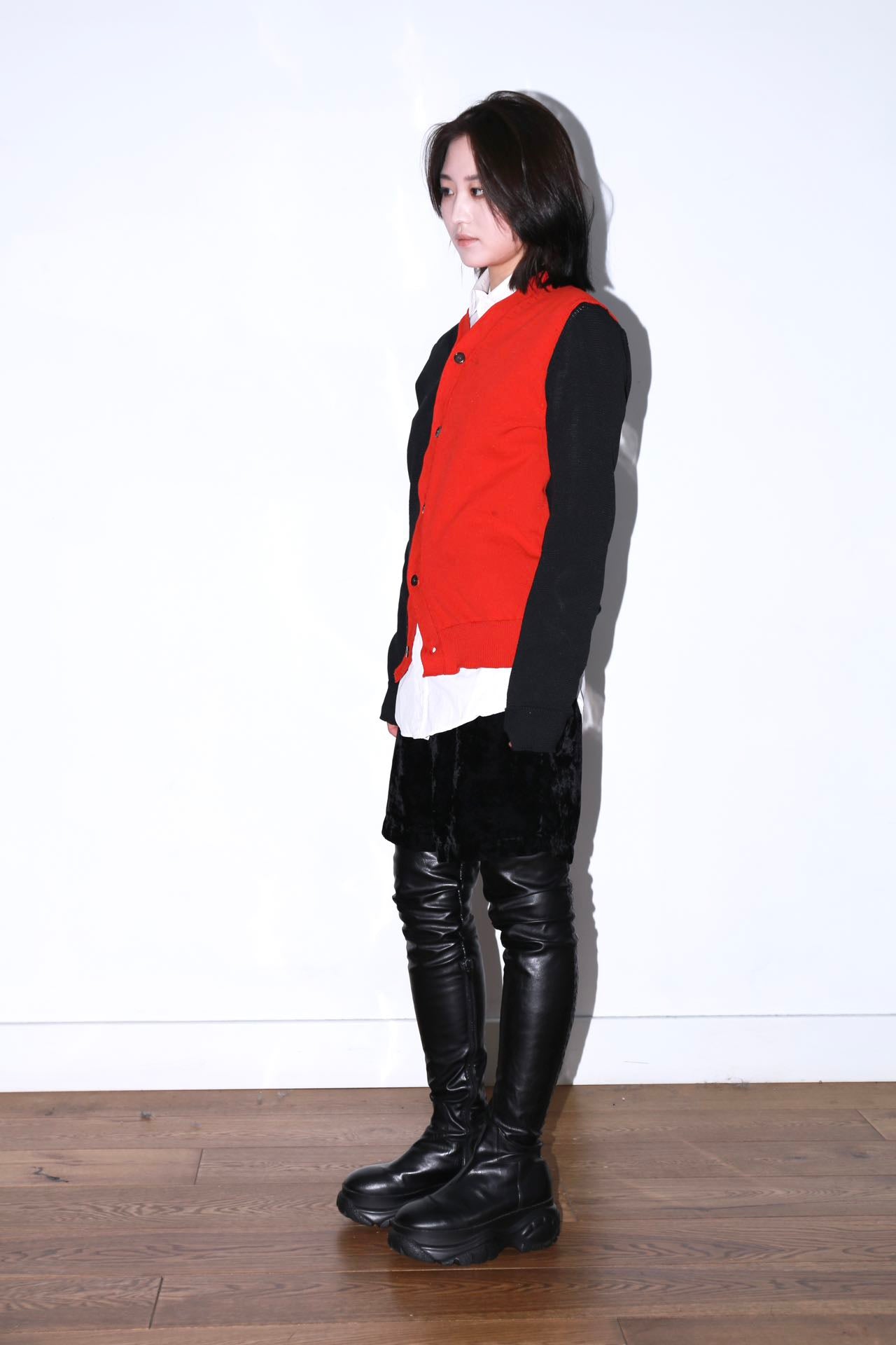 Comme Des Garcons Red and Black Asymmetrical Cardigan