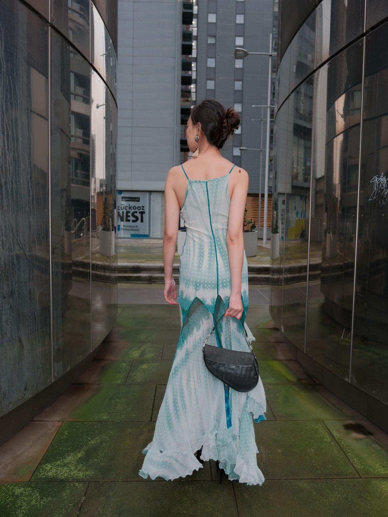 Roberto Cavalli SS2005 Runway Y2K Aqua Blue Dots Silk Chifon Maxi Dress