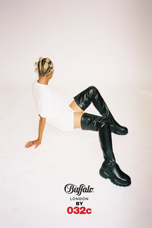 032C X Buffalo Over Knee Black Soft Leather Platform Boots