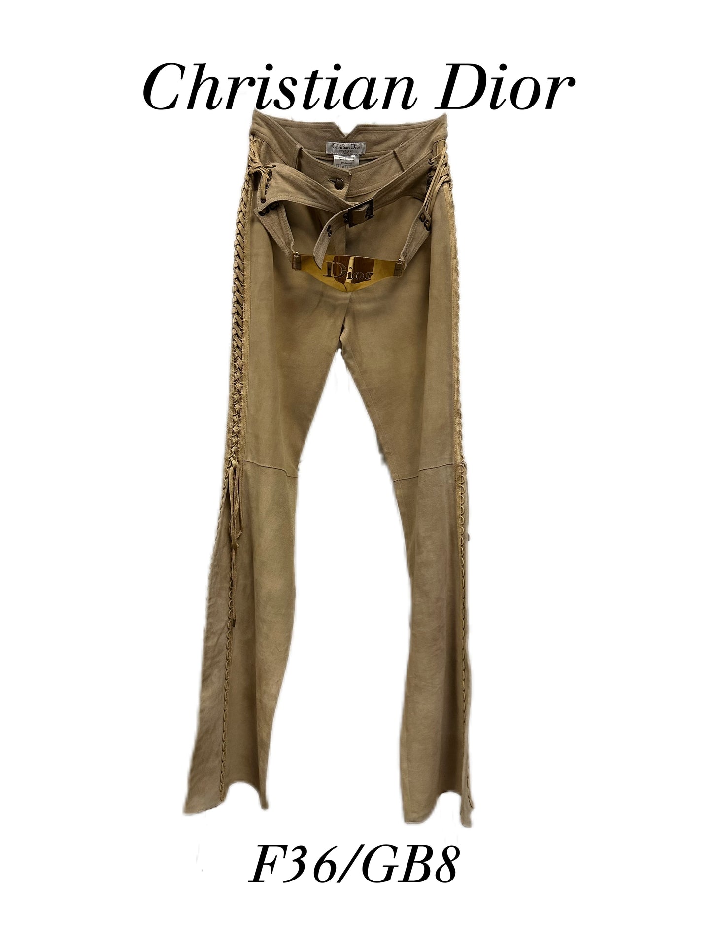 Christian Dior by John Galliano Runway Punk Bandage Gold Logo Plate Beige Suede Flare Trouser