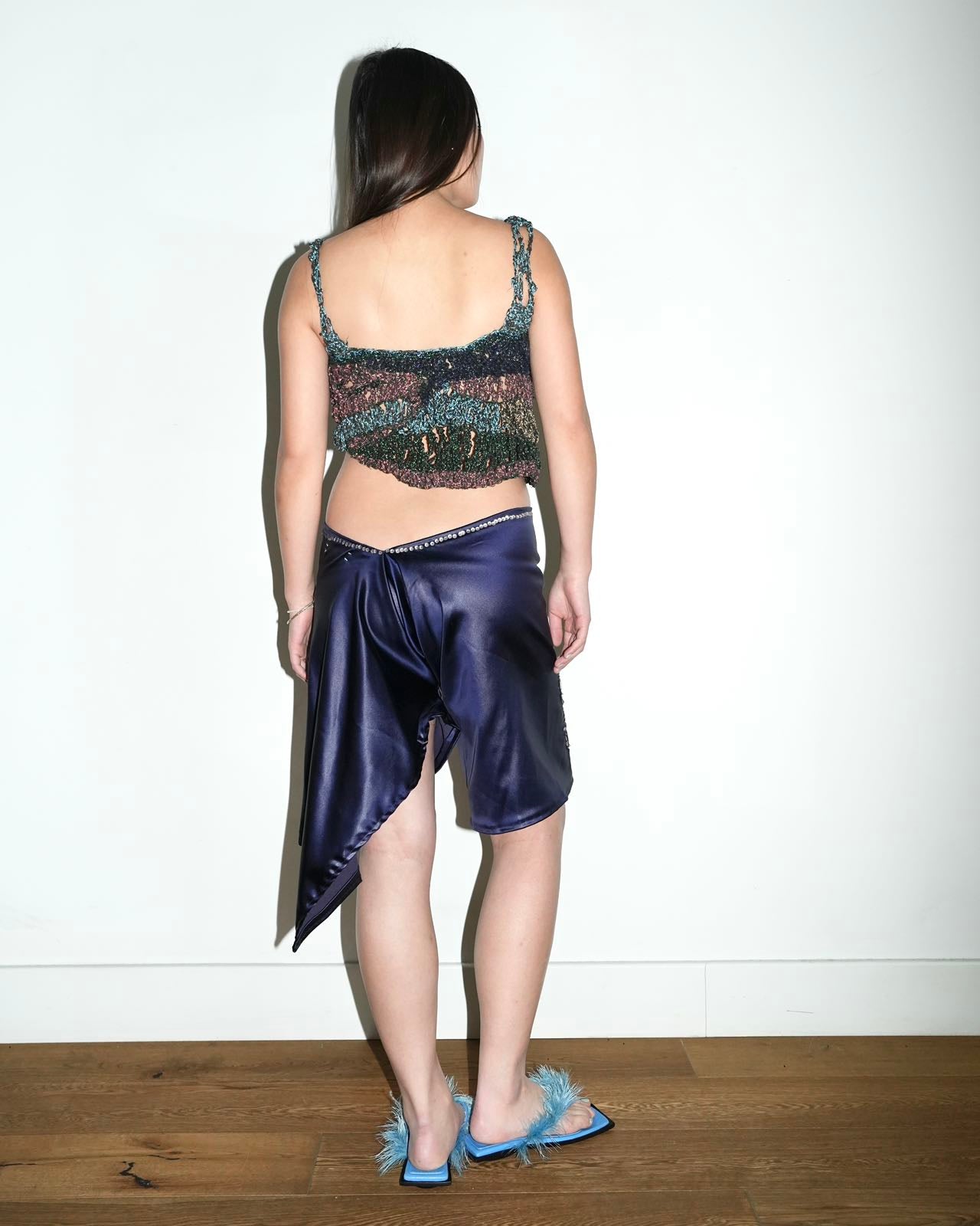 PE99Y YAN9 Crochet Knitted Metallic Buterfly Illusion Crop Top