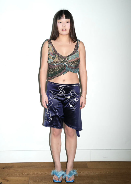 PE99Y YAN9 Crochet Knitted Metallic Buterfly Illusion Crop Top