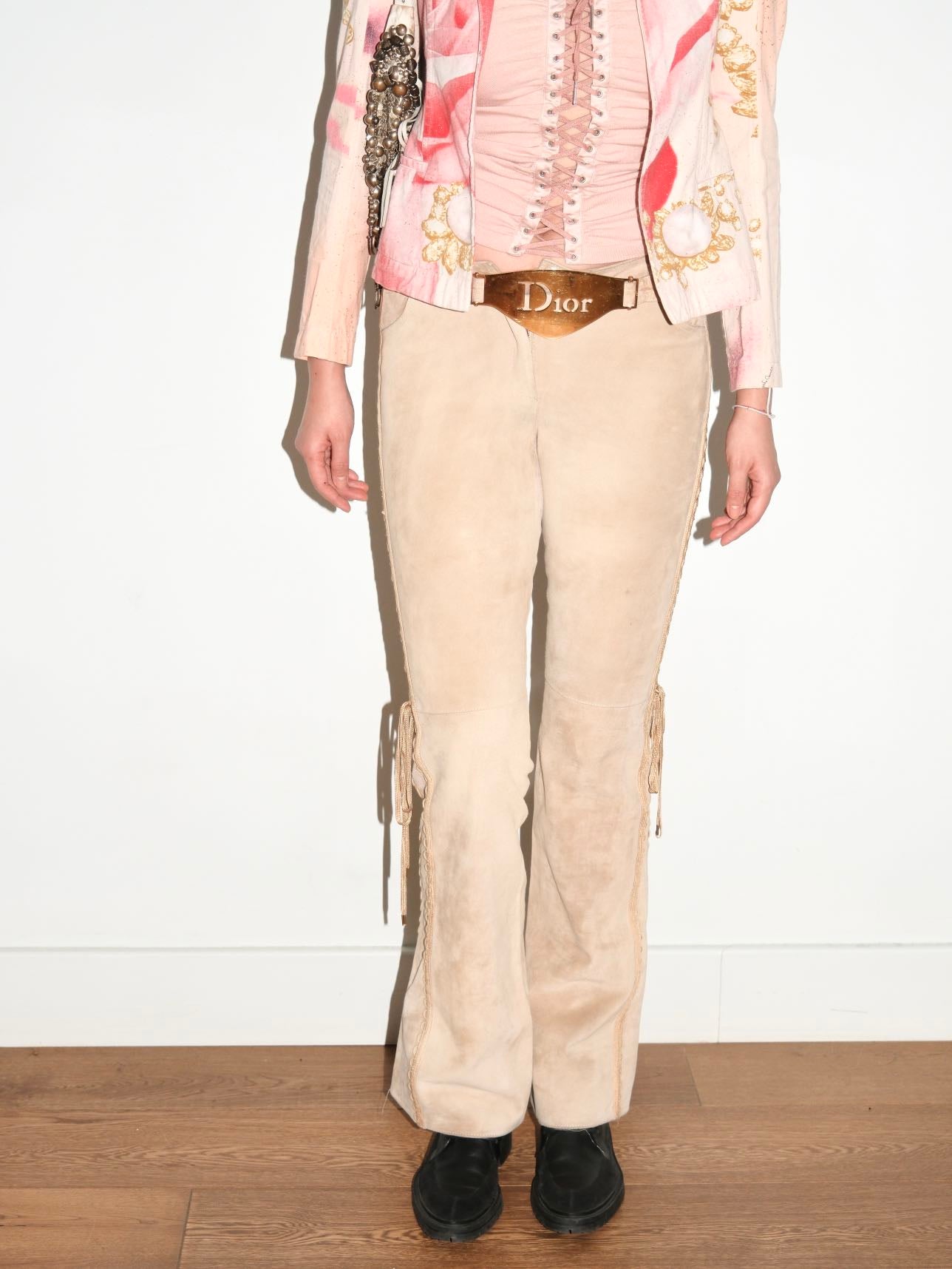 Christian Dior by John Galliano Runway Punk Bandage Gold Logo Plate Beige Suede Flare Trouser