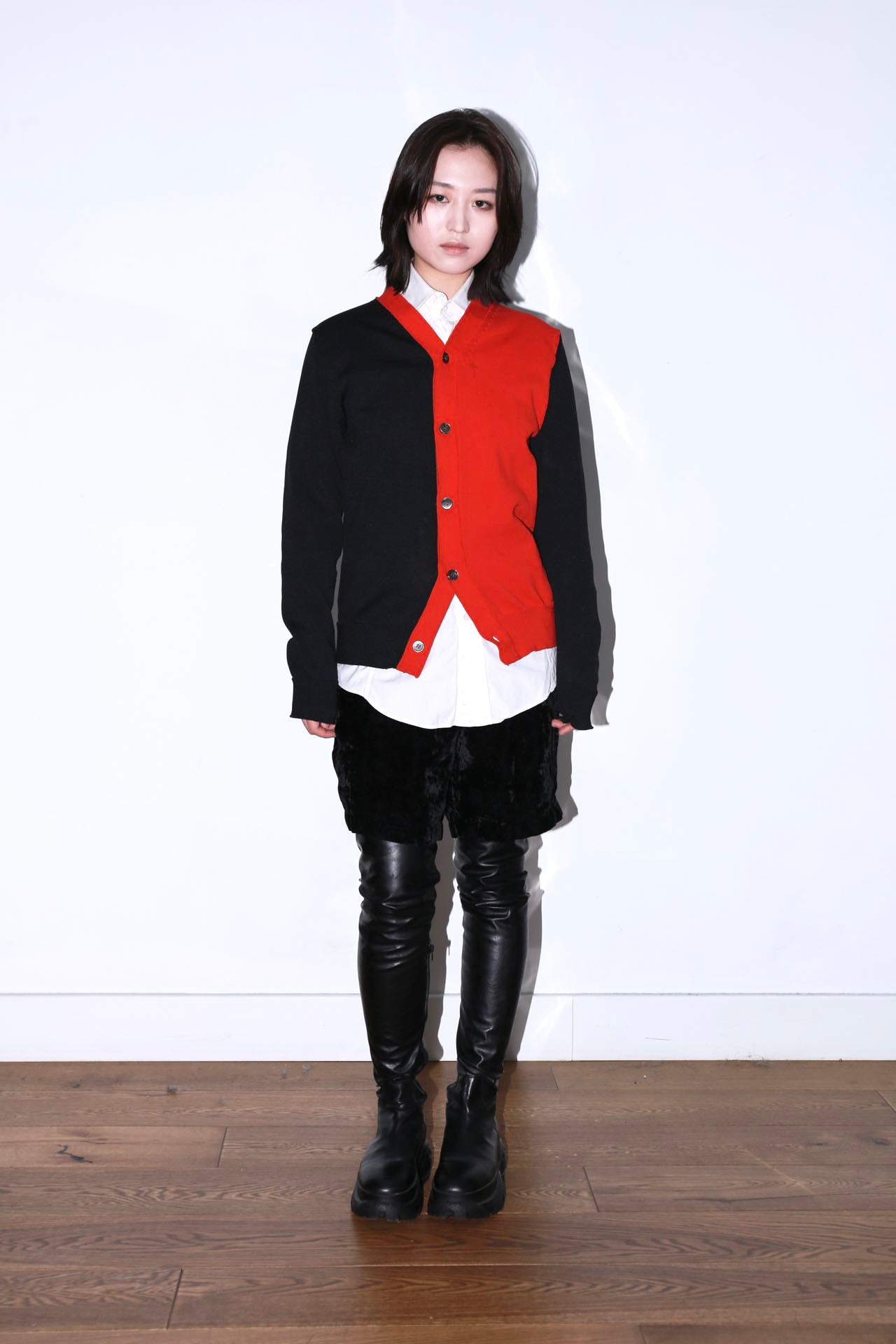 Comme Des Garcons Red and Black Asymmetrical Cardigan