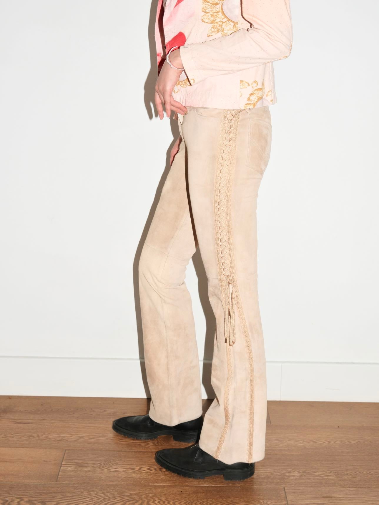 Christian Dior by John Galliano Runway Punk Bandage Gold Logo Plate Beige Suede Flare Trouser