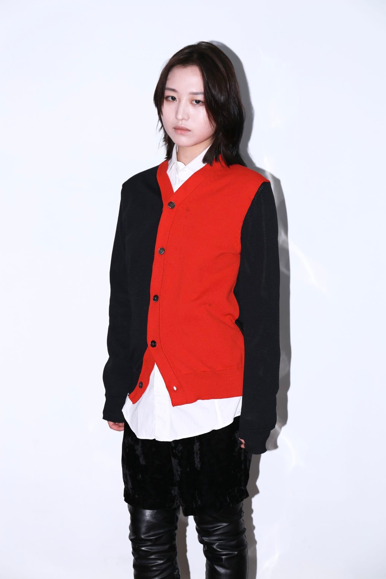 Comme Des Garcons Red and Black Asymmetrical Cardigan