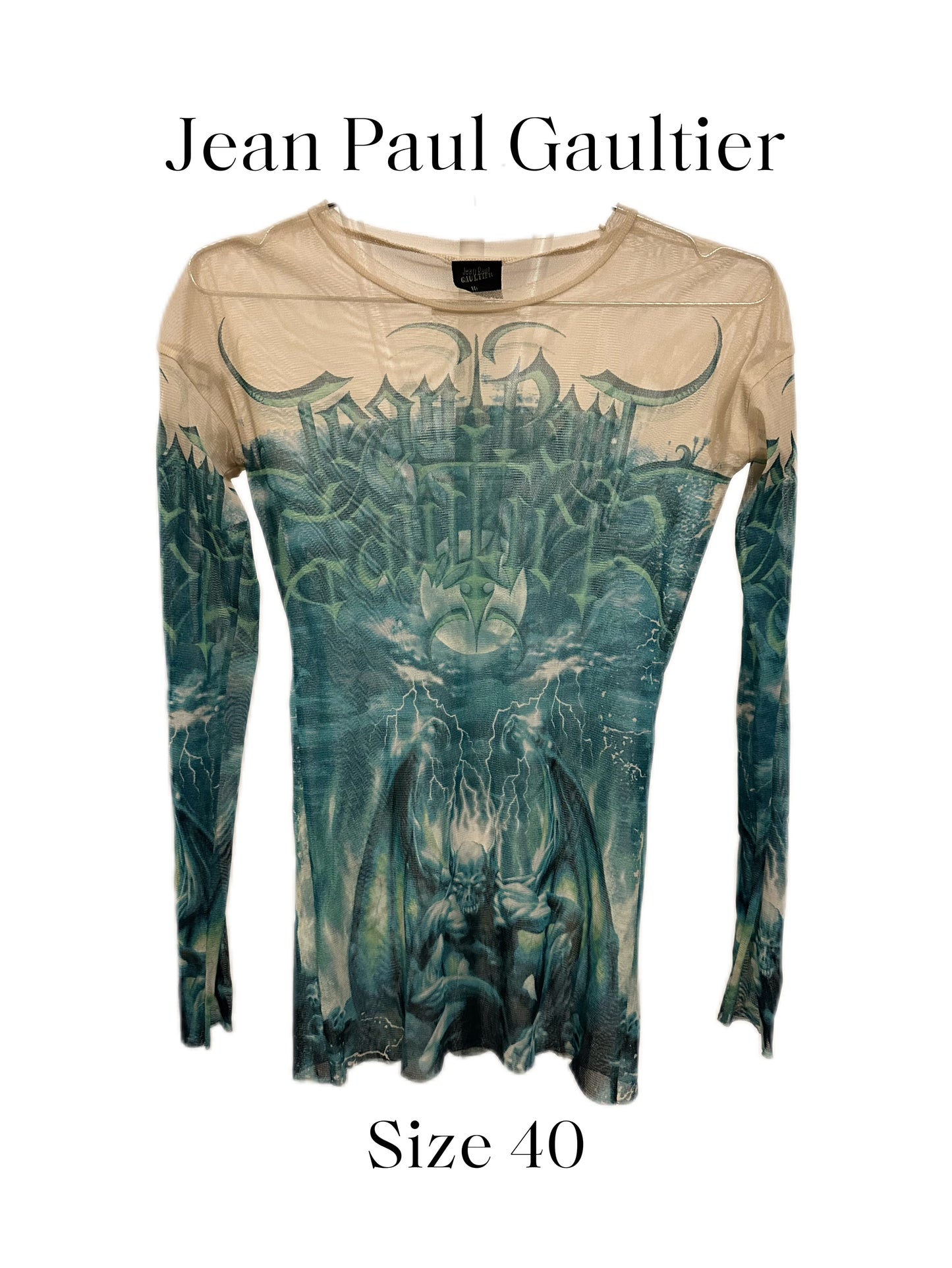 Jean Paul Gaultier Y2K Green Satan Print Mesh Top