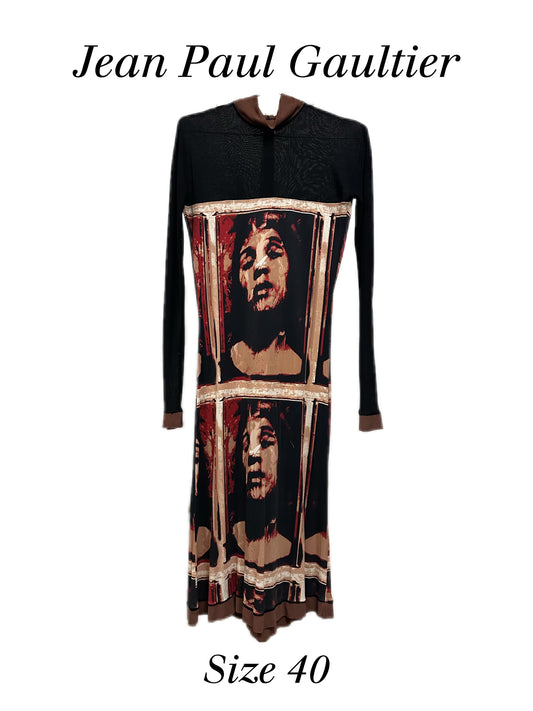 Jean Paul Gaultier Human Face Portrait Print 90s Runway Black and Burgundy Maxi Dress