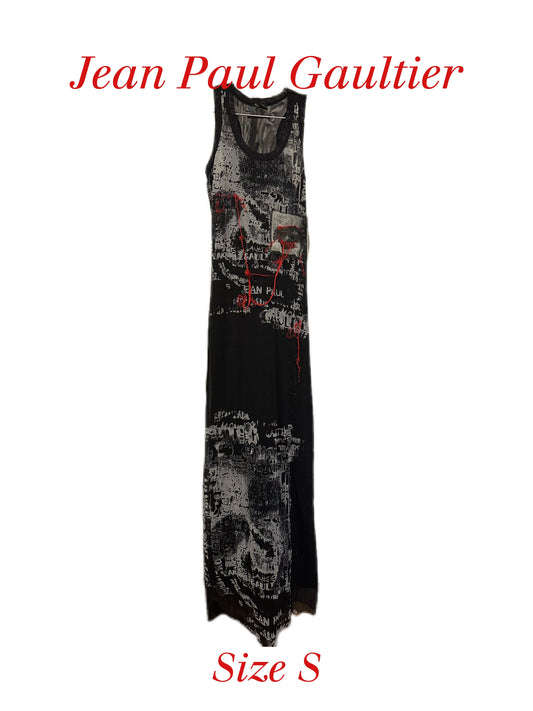 Jean Paul Gaultier Y2K Gothic Punk Black and Red Portrait Letters Print Maxi Mesh Dress