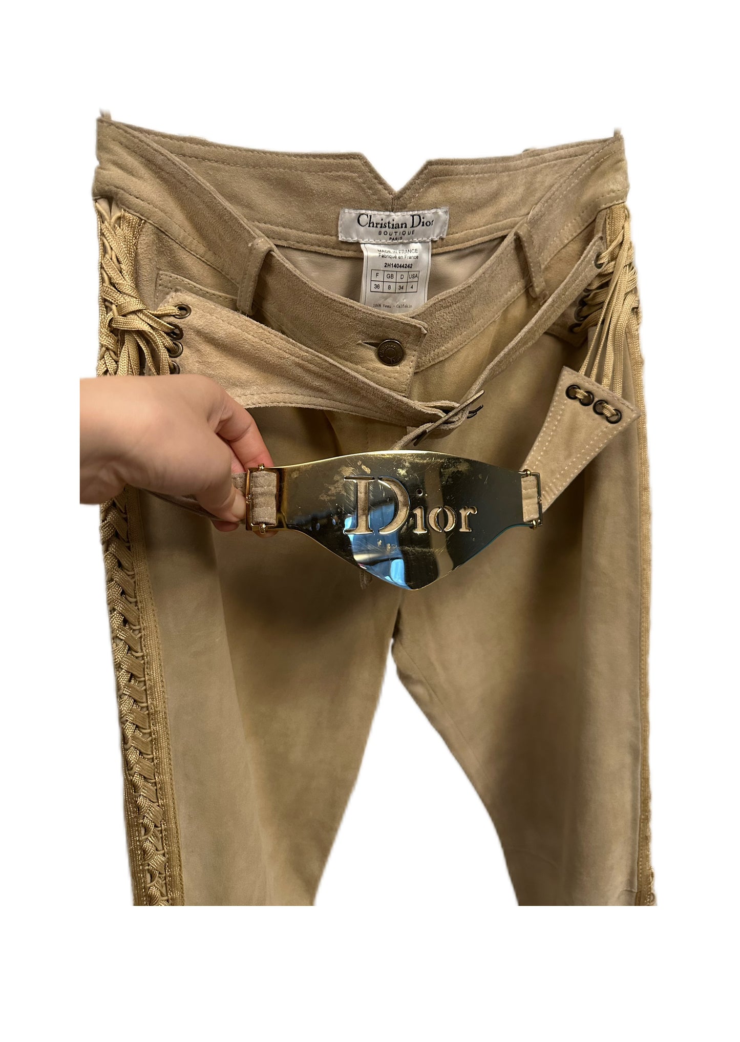 Christian Dior by John Galliano Runway Punk Bandage Gold Logo Plate Beige Suede Flare Trouser