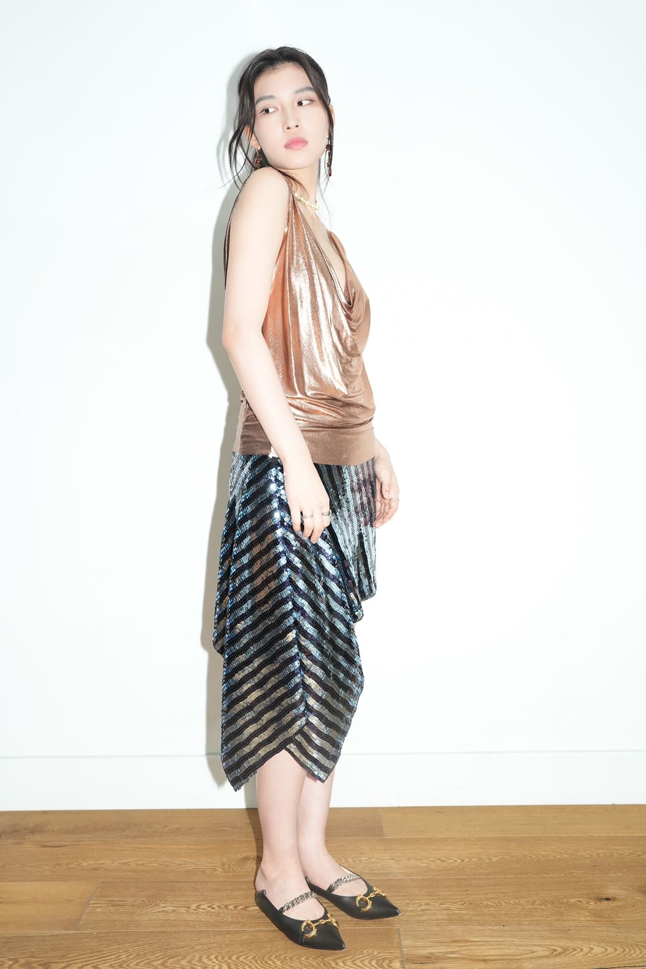 PE99Y YAN9 Metallic Bronze Silk Draping Jersey Tank Top