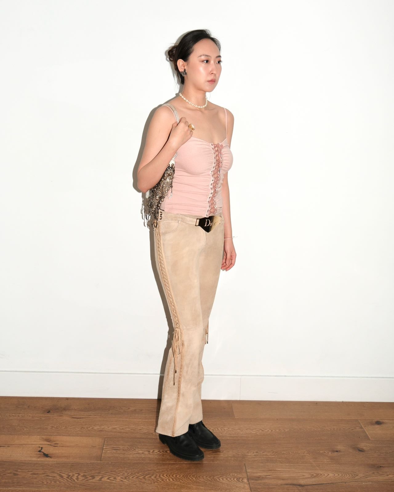 Christian Dior by John Galliano Runway Punk Bandage Gold Logo Plate Beige Suede Flare Trouser