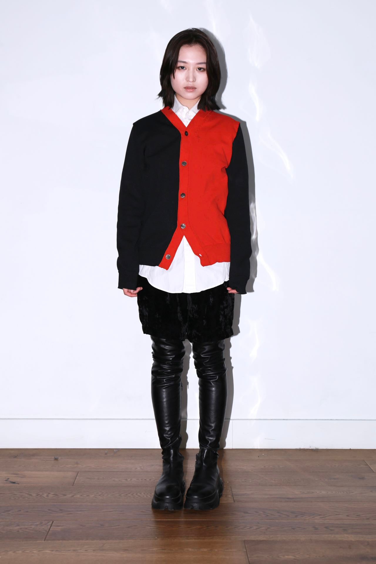 Comme Des Garcons Red and Black Asymmetrical Cardigan