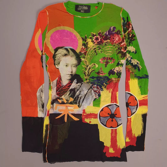 Jean Paul Gaultier Y2K Japanese Portrait Print Colorful Sequinned Mesh Top